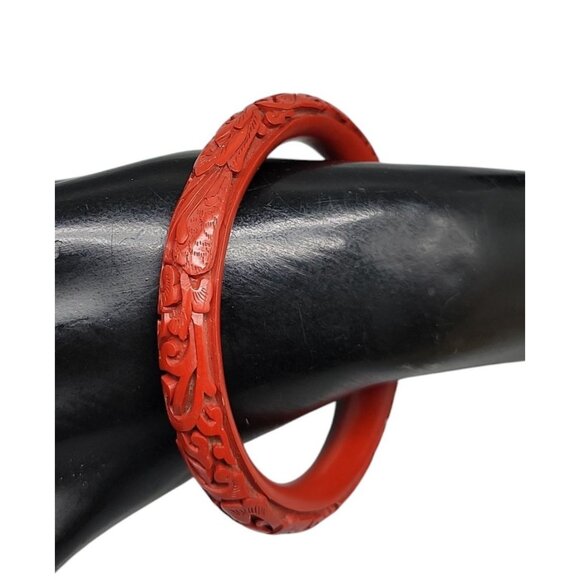 Carved Dragon & Floral Cinnabar Bangle Bracelet Scarlet Red Highly Detailed SZ8 - Picture 4 of 9